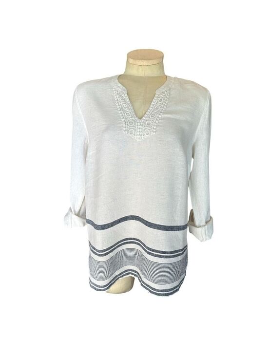 Kim Rogers Tops - Kim Rogers Women’s Roll Tab Linen Blend Adjustable Sleeve V-Neck Beachy Top PM